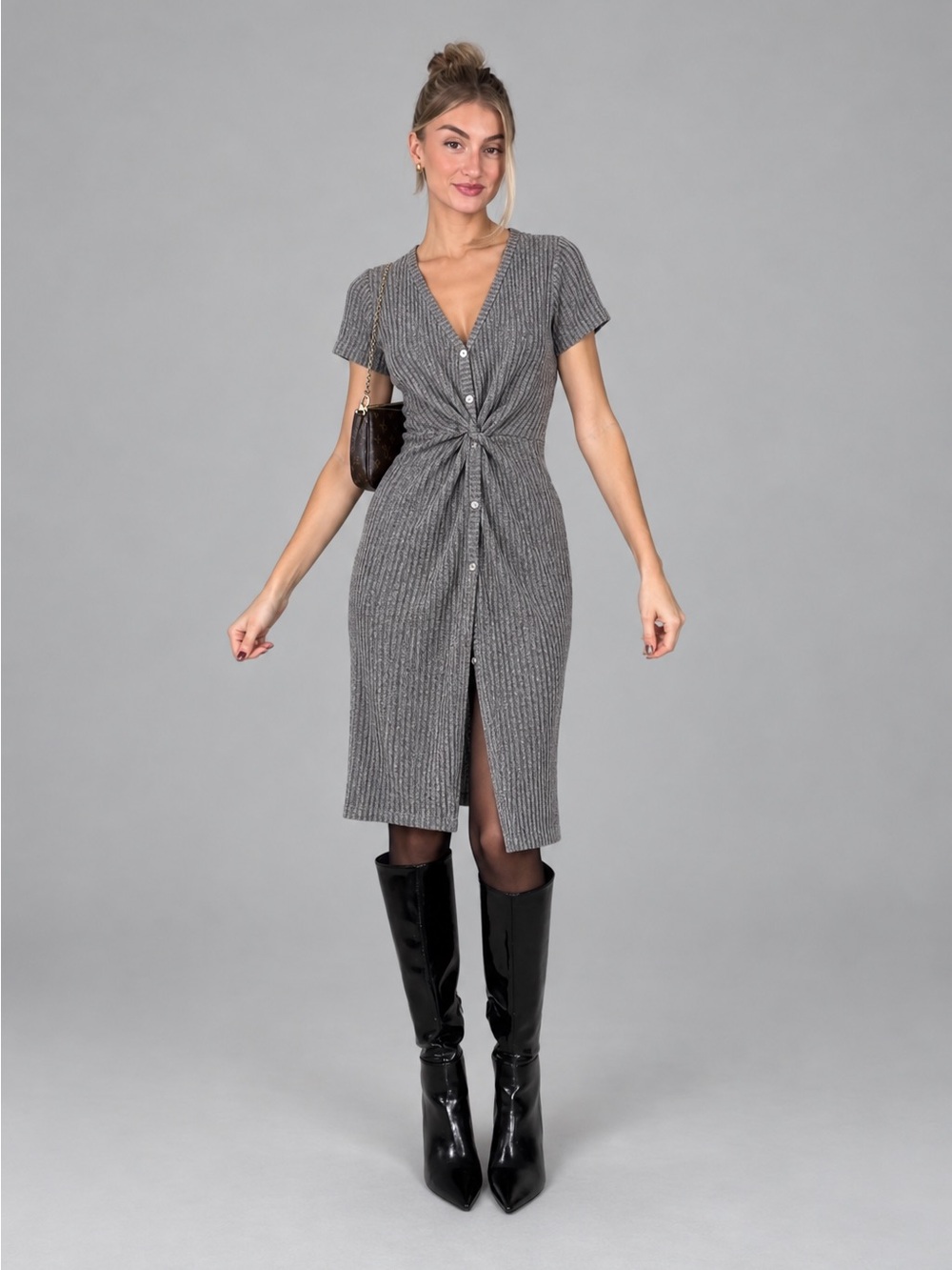 Venus Gray Ribbed Knit Knot Front Button Midi Dress Size L